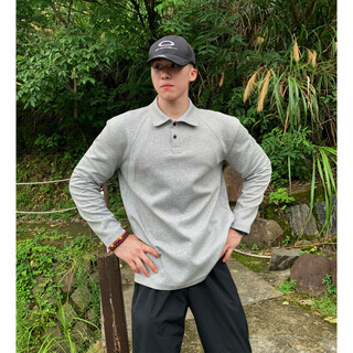 Muwei american heavyweight right shoulder long-sleeved polo shirt for men in autumn new high-end henry collar versatile and strong casual top light gray xl recommended 130-150jin jin equals 0.5 kg