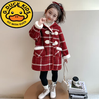 G.duckkids girls' velvet jacket autumn and winter woolen coat 2025 new baby style thickened winter children's woolen clothes angora red 120 cm