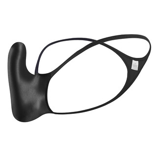 Glossy and sexy men's thong with convex upturned pouch underwear, shiny and silky tight low-waisted thin-strap t-pants, moon night black m