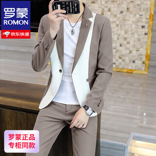 Romon 2025 spring and autumn korean style casual suit suit men's slim small suit three-piece british puff handsome jacket 8111 khaki xl /175/96a/recommendation 120-135jin jin equals 0.5 kg