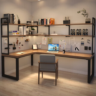 Taoxinyi desk bookshelf combination solid wood corner computer desk custom hole board corner double long desk l-shaped workbench (three-layer shelf) 220*120*55