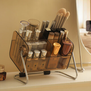 Meet the beauty, antique style rotating cosmetics storage box, desktop dressing table, lipstick, eye shadow brush, makeup brush barrel storage rack, brown