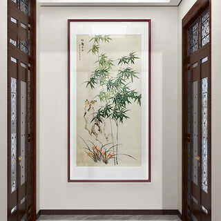 Entrance wall decoration painting, new chinese style hanging painting, entrance bamboo, chinese painting, entrance corridor, ink painting, bamboo stone picture, bamboo peace 50*100 (single vertical style), high-definition crystal porcelain painting + aluminum alloy frame, black frame