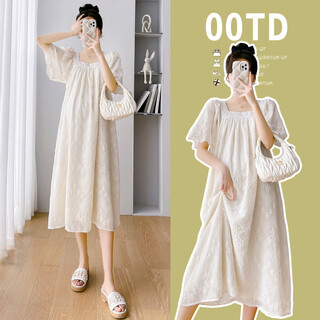 Bangboshi maternity dress summer thin medium-length loose linen crochet embroidery breathable and comfortable maternity dress m 90-110jin jin is equal to 0.5 kg