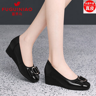 Fuguiniao first-layer cowhide single shoes for women 2024 spring new wedge heel women's shoes thick heel mom and grandma shoes soft sole soft leather shoes black 36
