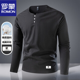 Romon long-sleeved t-shirt men's spring and autumn new henry collar bottoming shirt can be worn outside sports and leisure printed tops black m 170/88a
