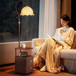 Second-hand floor lamp living room sofa next to storage rack integrated storage cabinet coffee table lamp bedroom bedside table vertical table lamp walnut color lamp body - three-color dimming