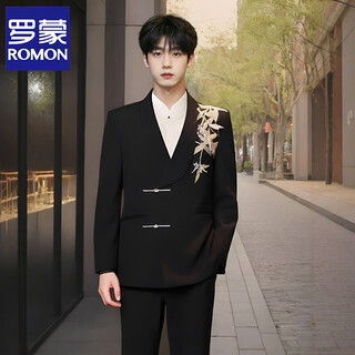 Romon high-end new chinese style suit men's chinese style loose tang suit suit groom wedding suit green fruit collar black two-piece suit jacket + pants l 149-164jin jin equals 0.5 kg