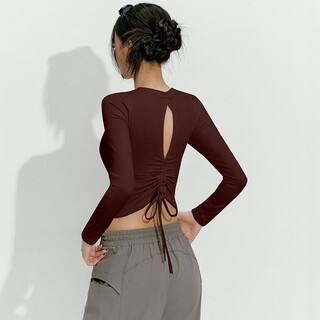 Lululmcctn women's new tight-fitting slimming pilates professional training sports long-sleeved top with chest pad yoga wear dark brown m