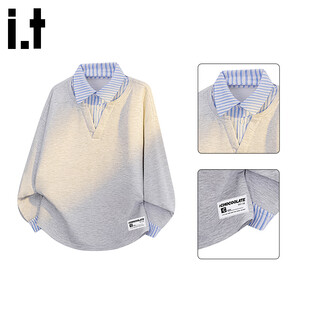 Chocoolateit shirt collar fake two-piece sweatshirt men's autumn new loose long-sleeved polo shirt t-shirt trendy light gray l
