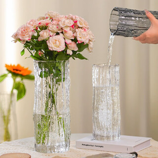 Fiyuega vase ornaments, living room flower arrangement glass vase, transparent, light luxury, high-end sense, water-raised lily, rose, hydroponic flower decoration, glacier pattern transparent vase, large size 25cm
