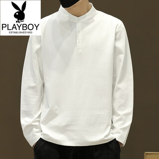 Playboy (playboy) cuban collar long-sleeved t-shirt for men 2025 spring and autumn solid color bottoming polo shirt retro henry collar chinese style sweatshirt white style regular l (recommended 100-125jin jin equals 0.5 kg)