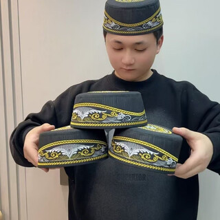 吉赛伦回民男帽 礼拜男士精品绣花少数民族新疆帽子平顶刺绣厘米 刺绣黑 57