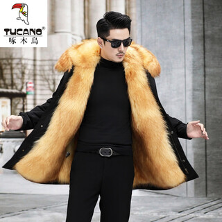 Woodpecker fox fur coat men's winter mid-length fur coat thickened mink coat fur one-piece fur coat black shell gold liner mid-length sleeves plus 5xl 185-210jin jin is equal to 0.5 kg