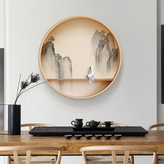 Shangjin meishe new chinese style entrance decorative painting tea room zen solid wood round hanging painting living room corridor landscape painting ink painting j style - jingyouxinsheng version diameter 60cm