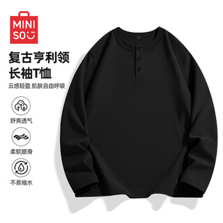 Miniso 260g heavyweight long-sleeved henry collar t-shirt for men in early autumn american retro loose large size solid color bottoming shirt 260g heavyweight black m /170 (weight 100-120jin jin is equal to 0.5 kg)