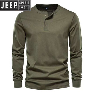 Jeep spirit american retro heavyweight long-sleeved bottoming shirt fashionable versatile henley shirt men's fitness tough guy army green bottoming top military green l