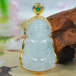 Lolia k gold inlaid with natural jade a-grade simple and simple inlaid with a little green ice jade guanyin pendant
