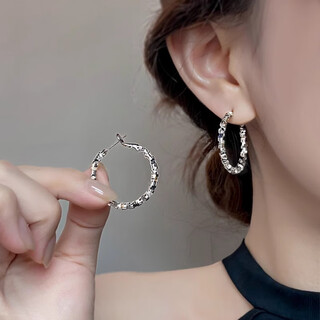 Ruihongxiang 999 sterling silver ear needle earrings broken silver large circle plain hoop earrings 2025 new hot style high-end earrings 999 silver needle style - silver broken silver earrings