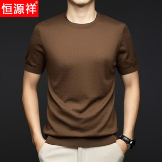 Hengyuanxiang 2025 worsted mercerized wool sweater men's cashmere sweater short-sleeved knitted t-shirt spring and autumn round neck thin sweater new brown brown (wool* style) 100 count mercerized l 175
