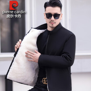 Pierre cardin australian pure sheepskin jacket men's sheepskin one piece overcome wool lined coat warm windproof leather jacket men black plush style - liner detachable xl recommended weight 120-140