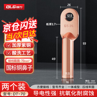 强力（QLG）铜鼻子DT-70平方 铜接线端子线鼻子酸洗堵油铜鼻子国标电缆接头【2只/包】