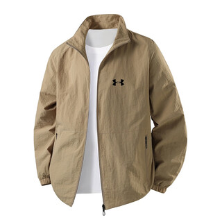 Under armor fashionable windproof and waterproof fishing wear casual workwear stand collar versatile men's jacket autumn sports jacket khaki l recommended 110-125jin jin equals 0.5kg
