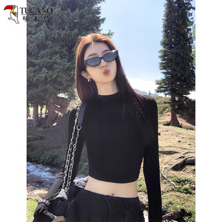 Woodpecker small high collar long-sleeved t-shirt for women autumn new navel-baring short slim-fit pure cotton bottoming shirt top black xl