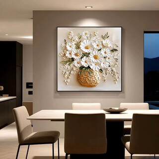 Light luxury restaurant decorative painting dining room background wall hanging painting mural simple modern high-end hanging painting oil painting cream style flower blooming wealth 80*80cm high transparent crystal porcelain painting + aluminum alloy gold frame