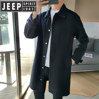 JEEP SPIRIT潮牌秋季男士中长款牛仔风衣男潮流韩版休闲宽松帅气大衣翻领外套 黑色 M 165(斤左右)