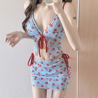 Bo na ling cherry girl split bikini cute student belly covering slim hot spring swimwear four-piece sexy resort swimsuit blue one size recommended 80-120 jin jin equals 0.5 kg