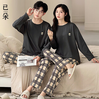 Yiduo couple pajamas autumn and winter men's pure cotton long-sleeved trousers round neck pullover women's home wear set that can be worn outside