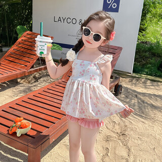 He jiagong girls split swimsuit 2025 new girls swimwear sun protection baby summer cute beach swimsuit ins trend off-white 90 90