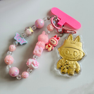 Laomiao 999 labubu mobile phone chain lanyard pure gold keychain pendant labubu gift pendant for girlfriend and best friend type b - gold labubu + pink bead chain + certificate