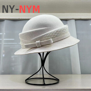 Ny-nym autumn and winter mesh small bow wool hat women's retro hepburn style woolen hat temperament elegant small brim basin hat milky white adjustable (54-58cm)