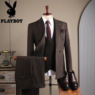 Playboy 2025 winter suit men's retro striped high-quality double-breasted suit three-piece formal wedding dress retro three-piece suit xl 52