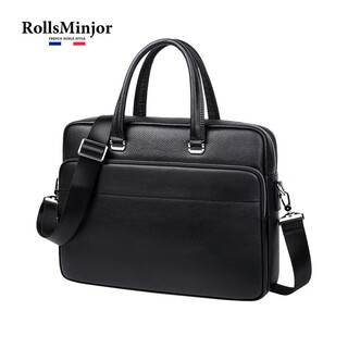 Rollsminjor fashion men's handbag business casual genuine leather lightweight commuting briefcase work official document computer bag black 38*8*29.5cm