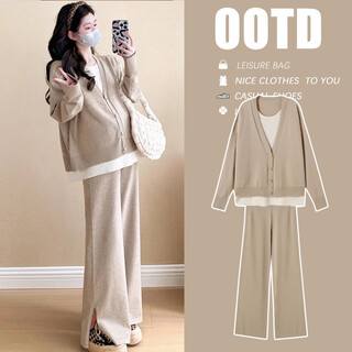 Ranqi mommy pregnant women spring and autumn suit 2025 new fashion autumn and winter casual fake two-piece knitted sweater autumn two-piece set khaki xl