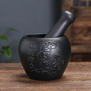Yiyuanxuan household natural black gold garlic mortar, stone mortar, medicine jar, stone cup, garlic pounder, mashing wo leibo pepper, lianlian fish outer diameter 13cm