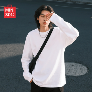 Miniso pure cotton long-sleeved t-shirt men's spring and autumn solid color round neck inner wear loose casual bottoming shirt white 3xl
