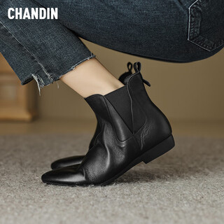 Asamachi british style retro small boots women's pointed toe ankle boots autumn and winter single boots toe layer cowhide flat chelsea boots black 38
