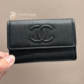 Chanel (chanel) 25a new men's and women's black lychee cowhide large double c logo card holder black regular