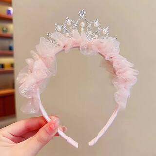 Indian (enrmiiv) princess tiara children's crown headband little girl super fairy gauze hairpin baby hair pressure headband non-straight hair ornaments pink crown