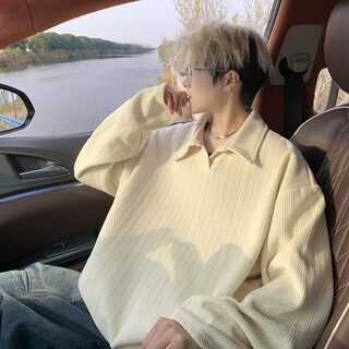 Nying wheat ear pattern heavy sweatshirt for boys autumn new american trendy brand polo collar long-sleeved t-shirt loose casual top apricot xl (130-150jin jin equals 0.5 kg)