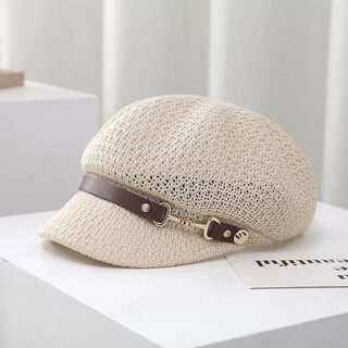 Tuzun's new hollow women's octagonal hat, versatile for travel in spring and summer, duck tongue sun protection duck tongue cap, breathable straw hat beret, off-white, one size