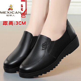 Scarecrow (mexican) spring and autumn mother's shoes genuine leather soft sole comfortable middle-aged women's shoes middle-aged women's leather shoes wedge flat heel non-slip single shoes 2232 black heel height 3cm 38
