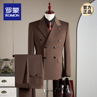 Romon double-breasted wool suit men's suit business formal high-quality slim large size groom's wedding suit three-piece brown brown single-piece suit m (95-110jin jin equals 0.5 kg)
