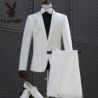 Playboy (playboy) white embroidered suit singer performance suit male emcee host men's chorus dress men's suit suit white suit jacket + pants + waistband + bow tie l height 175 weight 145 jin jin is equal to about 0.5 kg