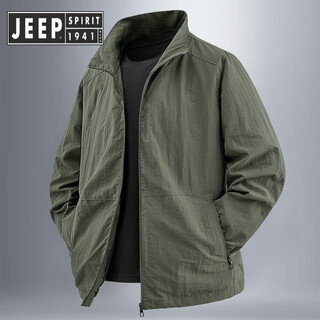 Jeep spirit jeep sports jacket men's spring and autumn 2025 new stand-up collar top cycling running windbreaker short outdoor leisure military green thin xl 135-150jin jin equals 0.5 kg