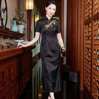 Xiyue chinese style silk genuine silk cheongsam high-end mulberry silk gold silk phoenix embroidery temperament dress 2025 summer black xl